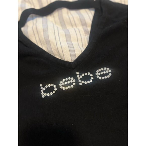 Bebe Swarovski Crystal Bedazzled Y2K Logo Cold Shoulder V-Neck Sweater - Picture 8 of 9